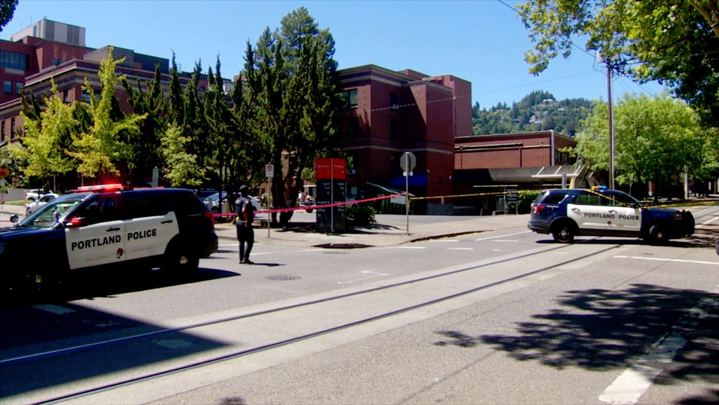 Police respond to a shooting at Legacy Good Samaritan Medical Center in Portland, Oregon, on Saturday, July 22, 2023. 