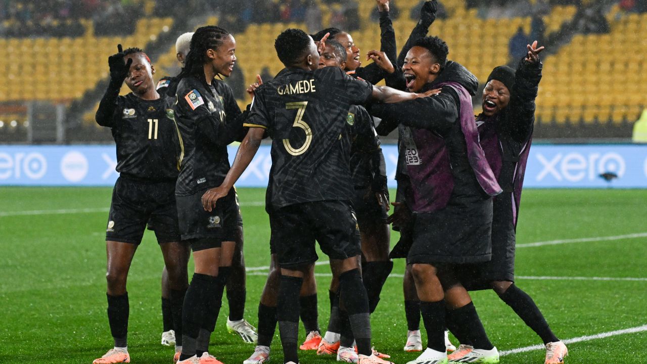 South African players celebrate after their first goal during the Women's World Cup Group G soccer match between Sweden and South Africa in Wellington, New Zealand, Sunday, July 23, 2023. (AP Photo/Andrew Cornaga)