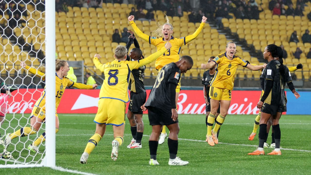 WELLINGTON, NEW ZEALAND - JULY 23: Amanda Ilestedt of Sweden celebrates after scoring her team's second goal during the FIFA Women's World Cup Australia & New Zealand 2023 Group G match between Sweden and South Africa at Wellington Regional Stadium on July 23, 2023 in Wellington, New Zealand. (Photo by Catherine Ivill/Getty Images)
