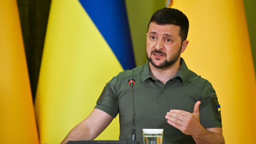Ukrainian President Volodymyr Zelensky addresses a joint press conference with Spain's Prime Minister following their talks in Kyiv, on July 1, 2023. Spanish Prime Minister Pedro Sanchez arrived in Kyiv on July 1, 2023, to signal EU support for Ukraine as the country's commander-in-chief said he was frustrated by the slow deliveries of Western weapons. (Photo by Sergei CHUZAVKOV / AFP) (Photo by SERGEI CHUZAVKOV/AFP via Getty Images)