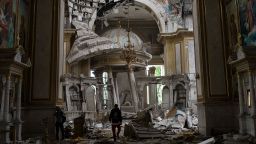 Church personnel inspect damages inside the Odesa Transfiguration Cathedral in Odesa, Ukraine, Sunday, July 23, 2023, following Russian missile attacks. 