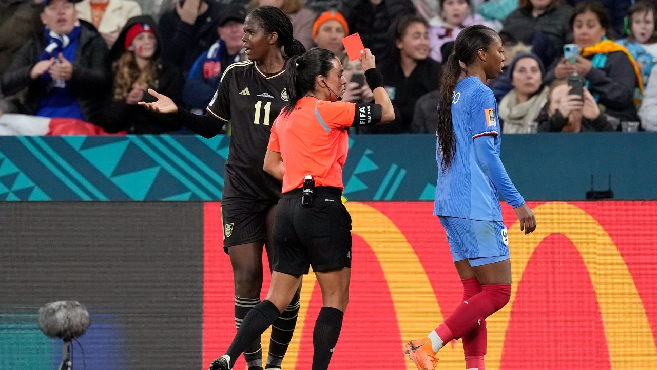 Jamaica's Khadija Shaw reacts after getting a red card from referee Maria Carvajal during the Women's World Cup Group F soccer match between France and Jamaica at the Sydney Football Stadium in Sydney, Australia, Sunday, July 23, 2023.