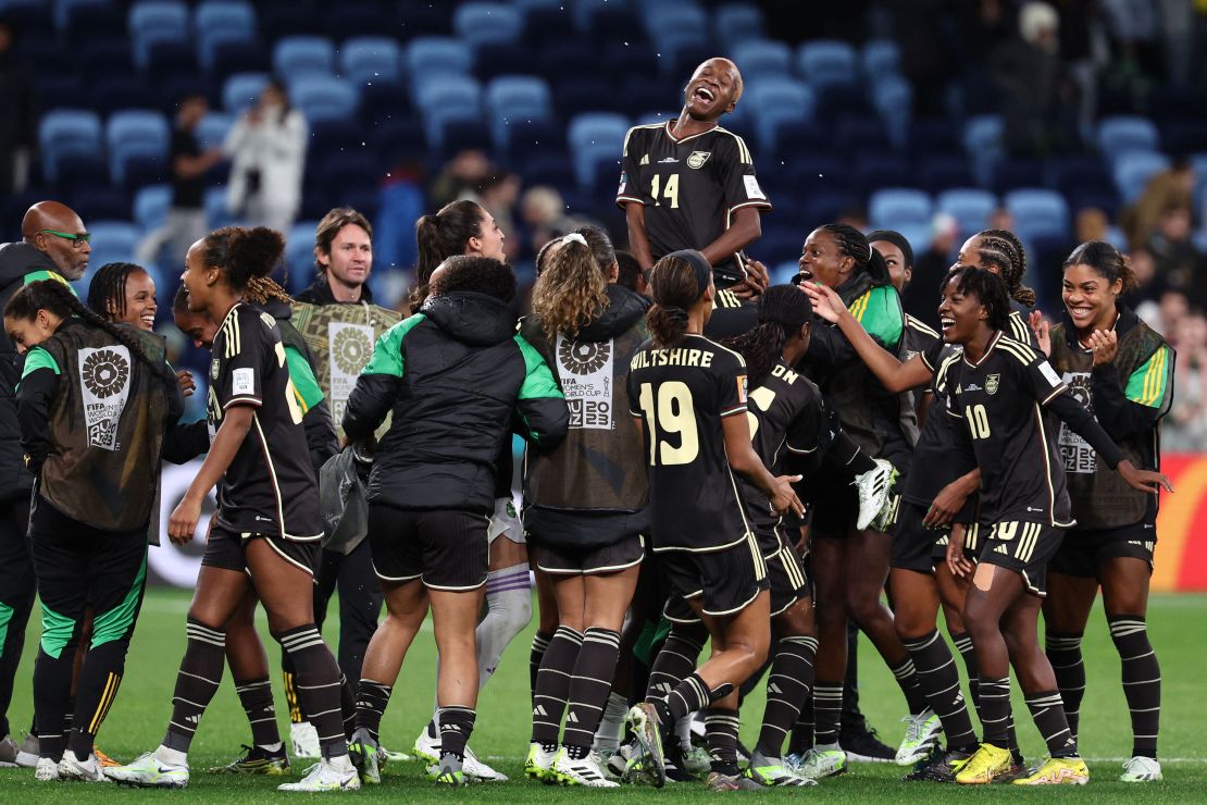Jamaica's defender #14 Deneisha Blackwood (C) is congratulated by teammates at the end of the Australia and New Zealand 2023 Women's World Cup Group F football match between France and Jamaica at Sydney Football Stadium in Sydney on July 23, 2023.