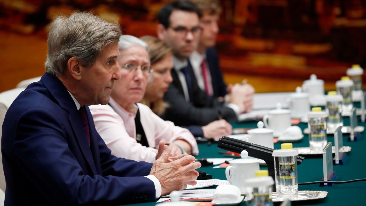 US climate envoy John Kerry during a meeting with top Chinese diplomat Wang Yi in the Great Hall of the People on July 18, 2023 in Beijing, China. 