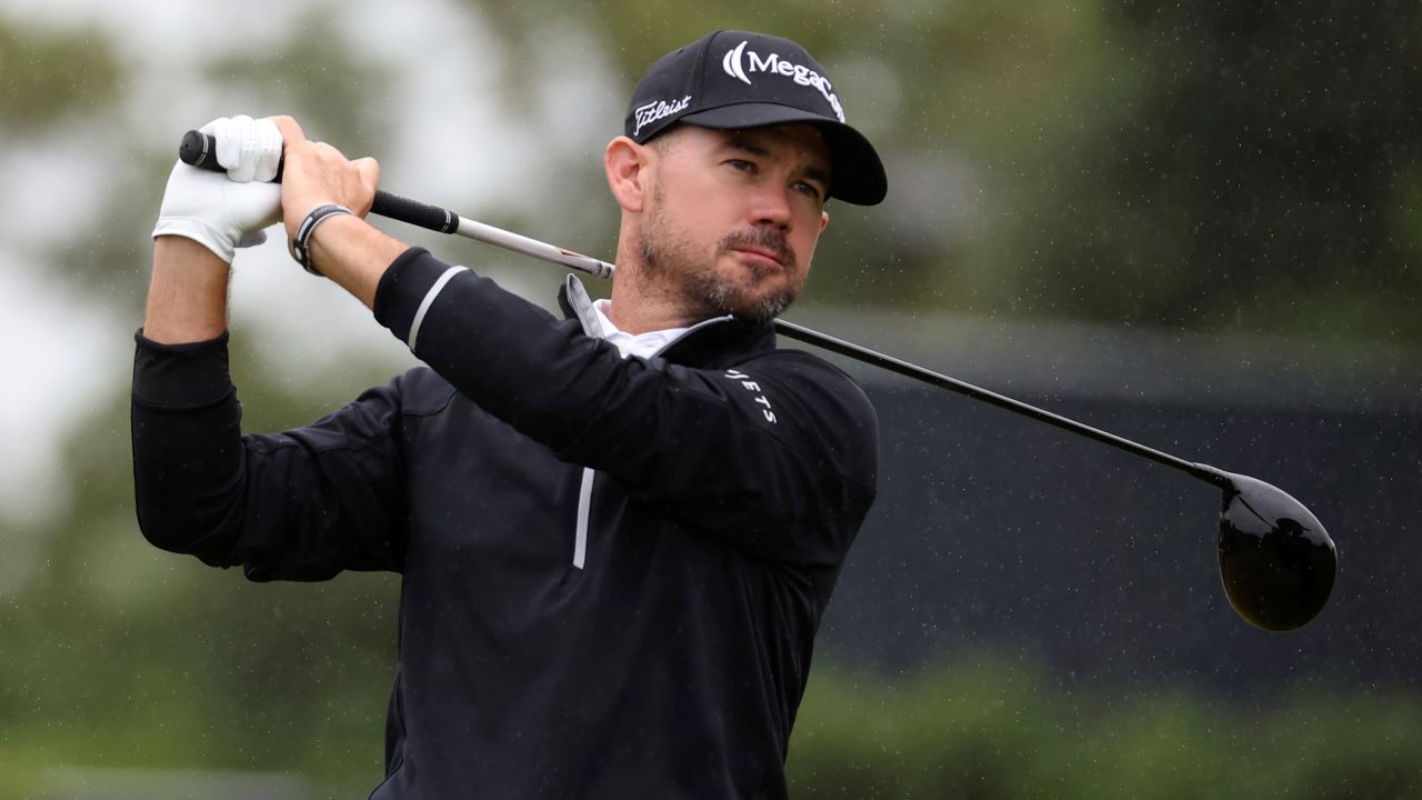 Brian Harman tees off during the final round of the 2023 Open Championship at Royal Liverpool Golf Club in Hoylake, England.