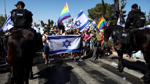 Protesters take part in a demonstration against Israeli Prime Minister Benjamin Netanyahu and his nationalist coalition government's judicial overhaul by the Knesset, Israel's parliament, in Jerusalem on Monday.