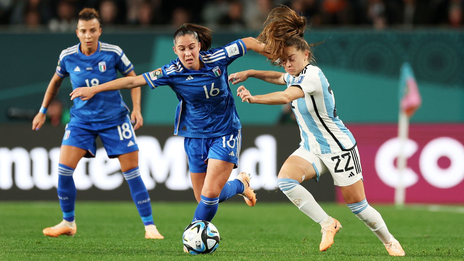 Giulia Dragoni challenges Estefania Banini of Argentina during the Group G game between Italy and Argentina.