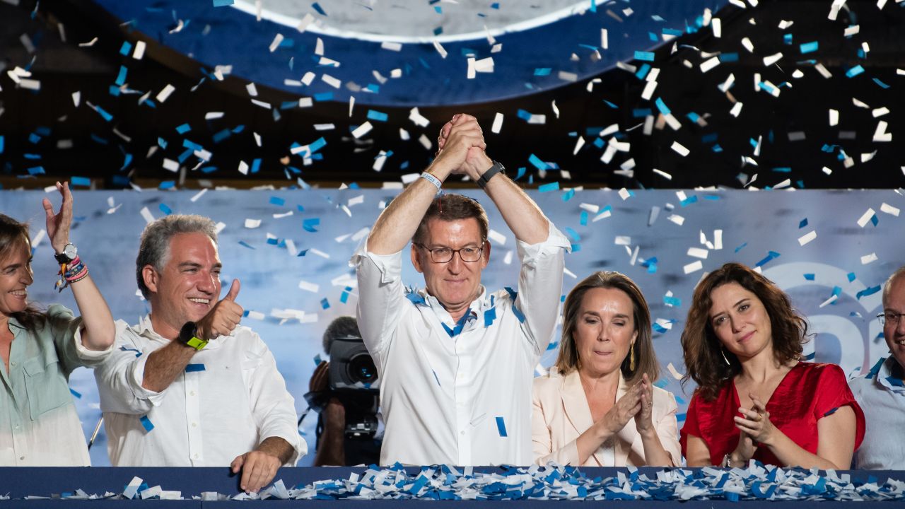 Alberto Nuñez Feijoo, leader of the Popular Party, celebrates the results of Spain's general elections on July 24, 2023.