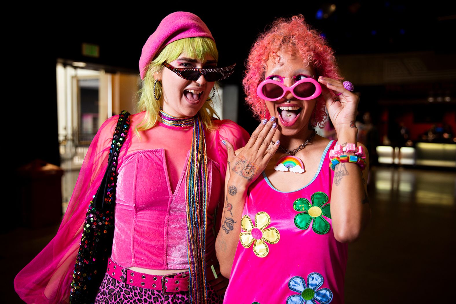 Cierra Fraser and Joslin Farley pose outside of a theater in Los Angeles on Saturday.