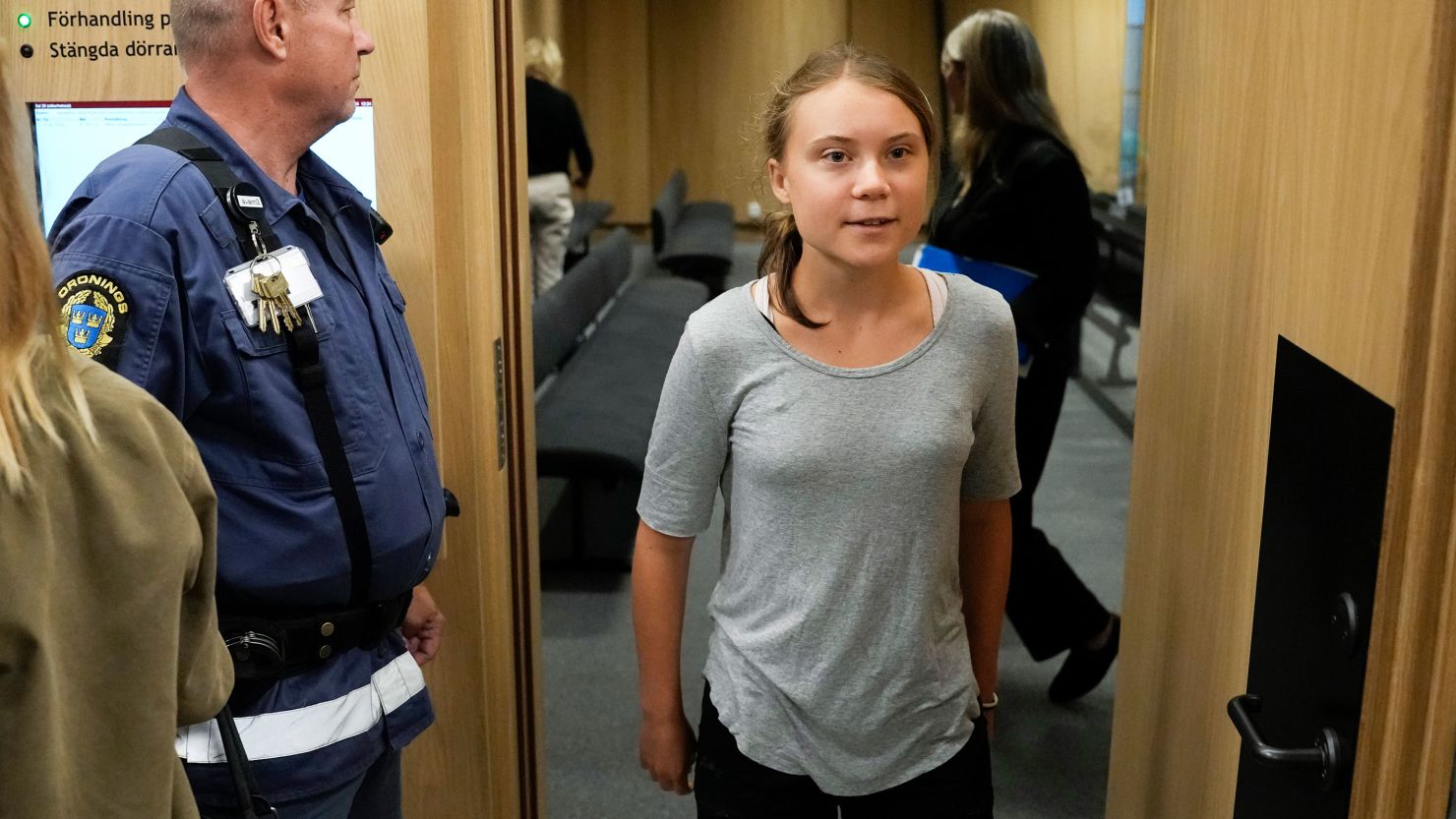 Climate activist Greta Thunberg leaves a court room after a hearing in Malmö, Sweden, on Monday.