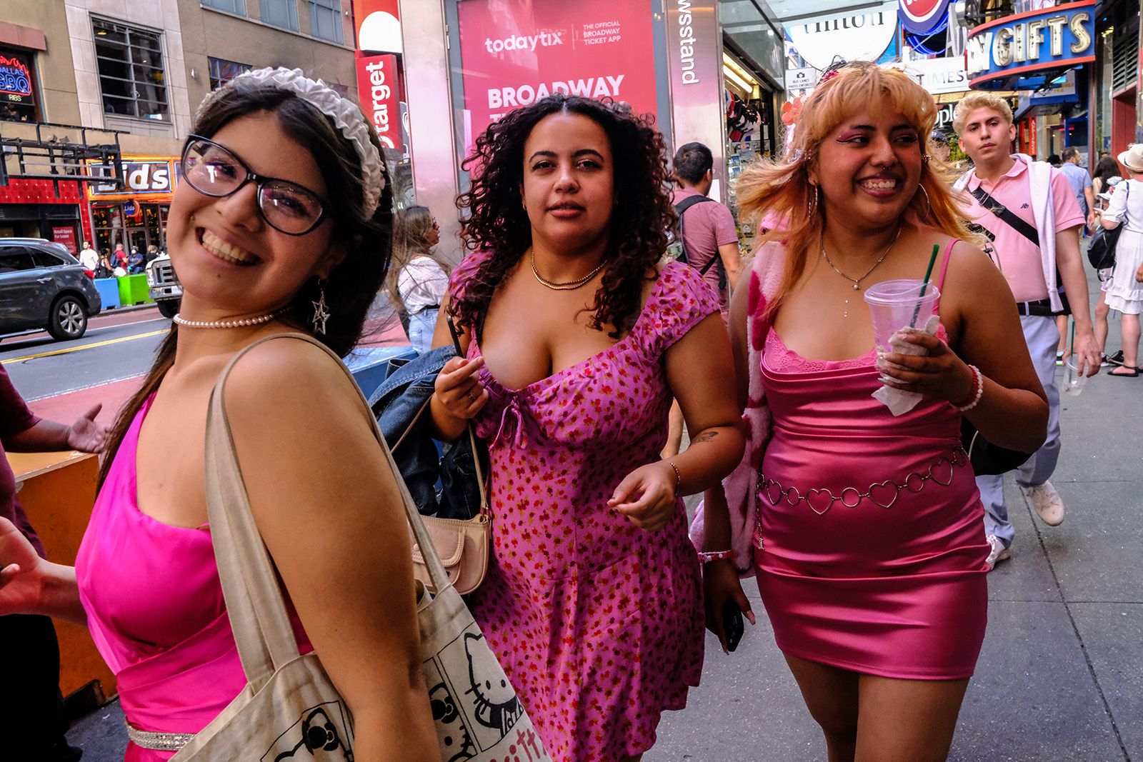 Barbie fans wear pink in New York on Friday.