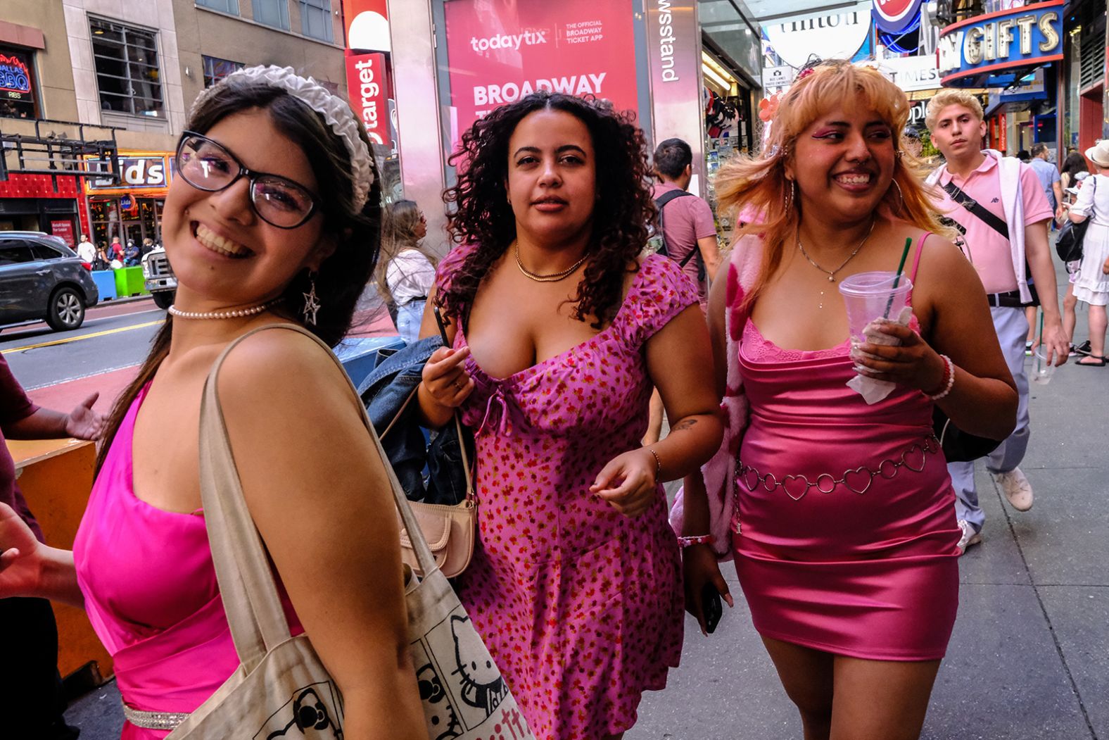 Barbie fans wear pink in New York on Friday.