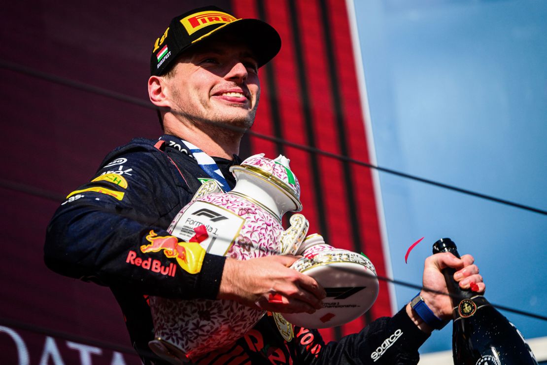 Mandatory Credit: Photo by Jure Makovec/SOPA Images/Shutterstock (14019817ak)
Oracle Red Bull Racing's Dutch driver Max Verstappen reacts on podium after winning the Hungarian F1 Grand Prix race at the Hungaroring, near Budapest.
Formula 1, Hungarian Grand Prix in Budapest - 23 Jul 2023