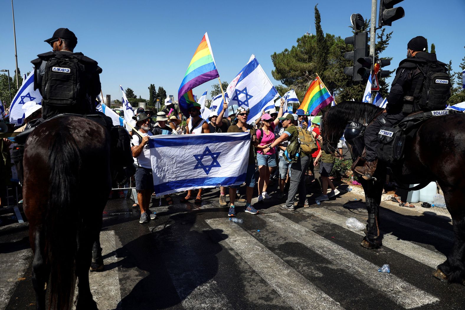 People in Jerusalem protest against Netanyahu and the judicial overhaul on July 24.