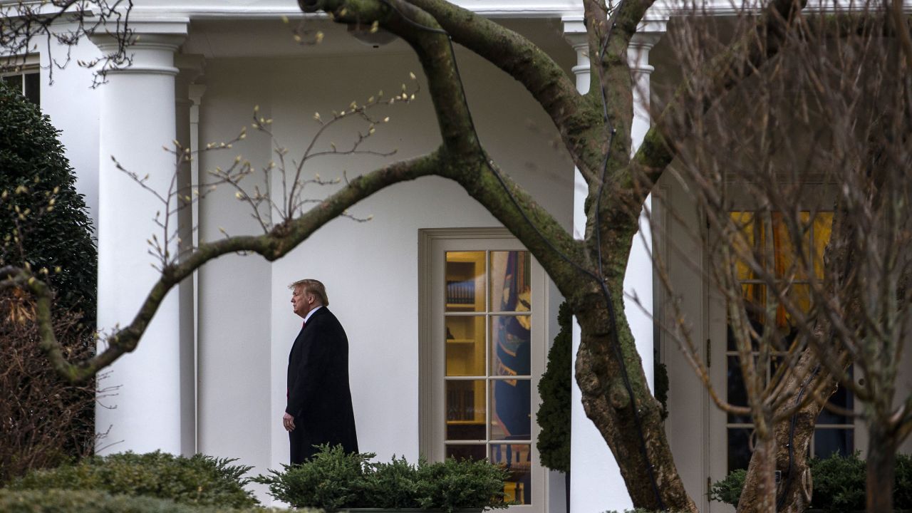 In this February 2020 photo, then-President Donald Trump walks out of the Oval Office of the White House to board Marine One in Washington, DC.