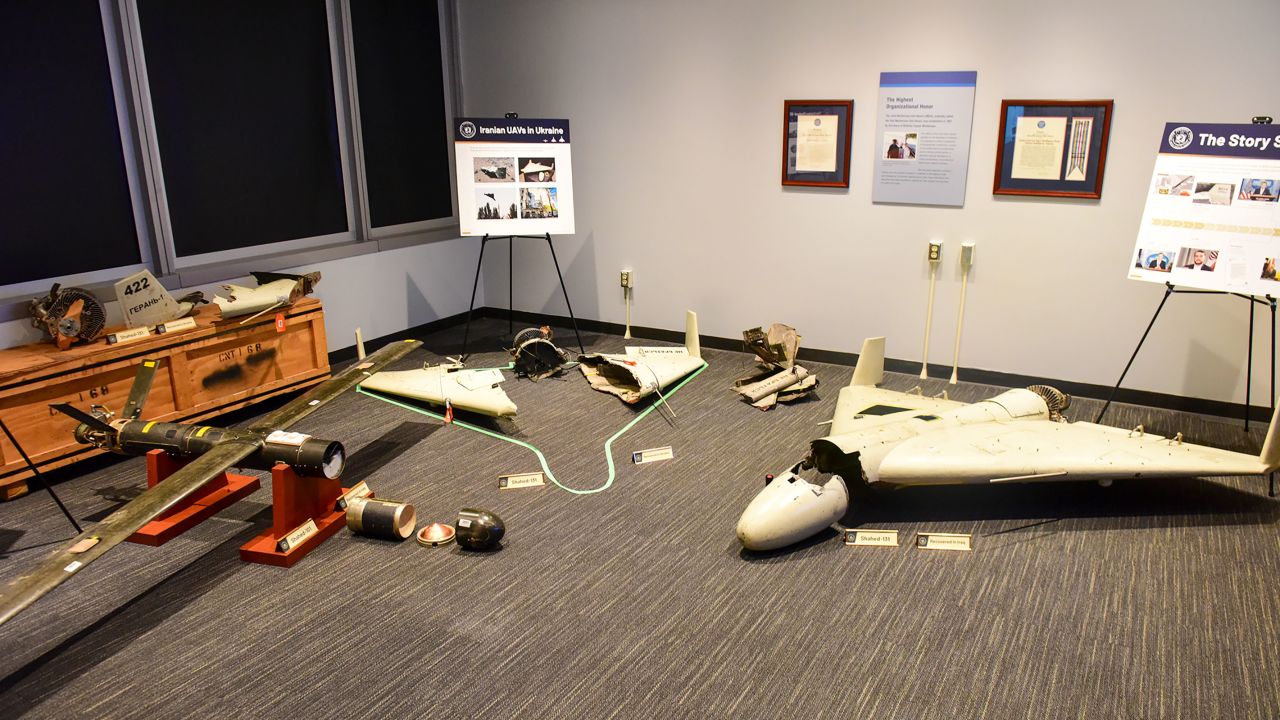Left to right: An Iranian-made Shahed 101 drone, the remnants of an Iranian-made Shahed 131 drone recovered from Ukraine in Fall 2022, and an Iranian-made Shahed 131 drone recovered from Iraq in 2022. Photo shared by the US Defense Intelligence Agency's Office of Corporate Communications.