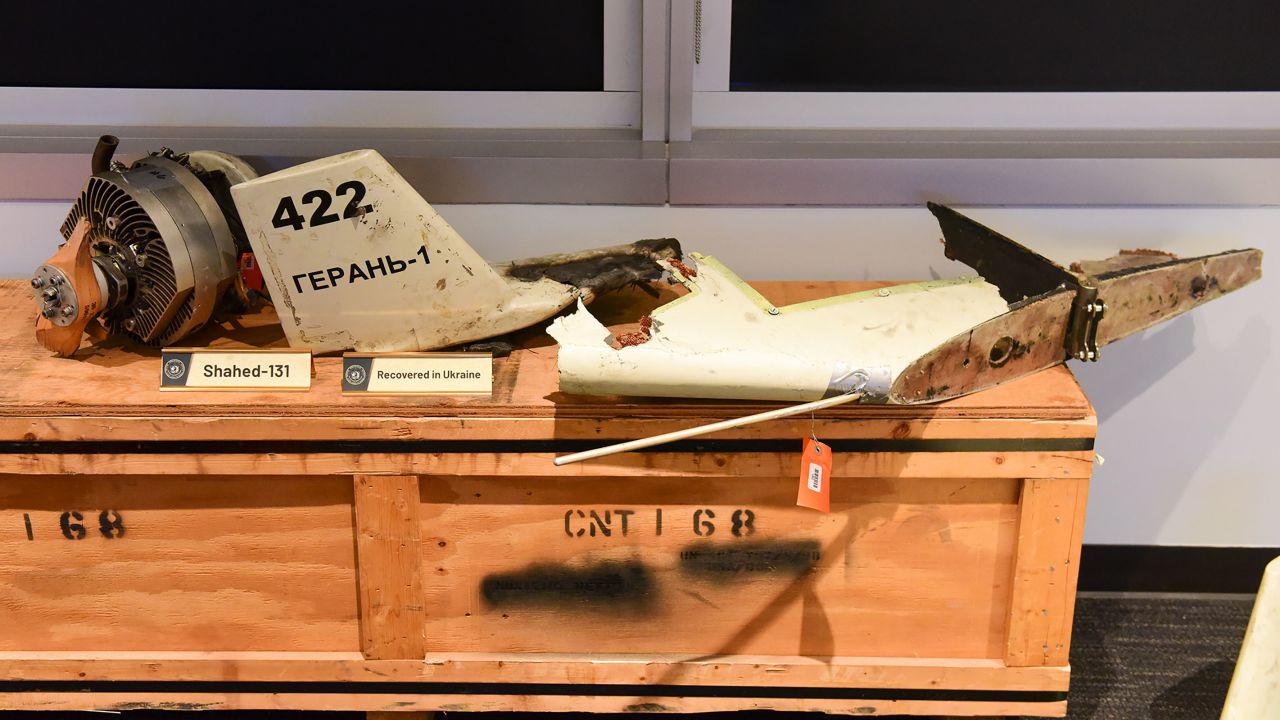 Components from an Iranian-made drone recovered in Ukraine in a photo shared by the US Defense Intelligence Agency's Office of Corporate Communications.