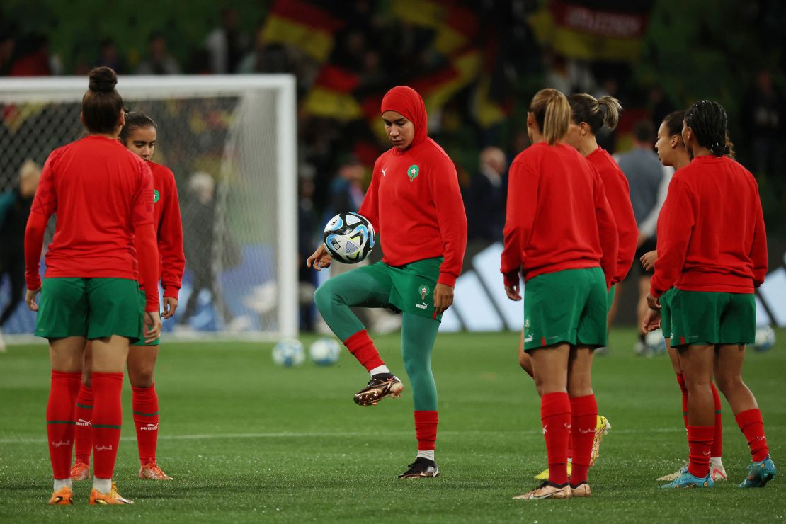 Morocco's Nouhaila Benzina during warm-ups before the match against Germany.