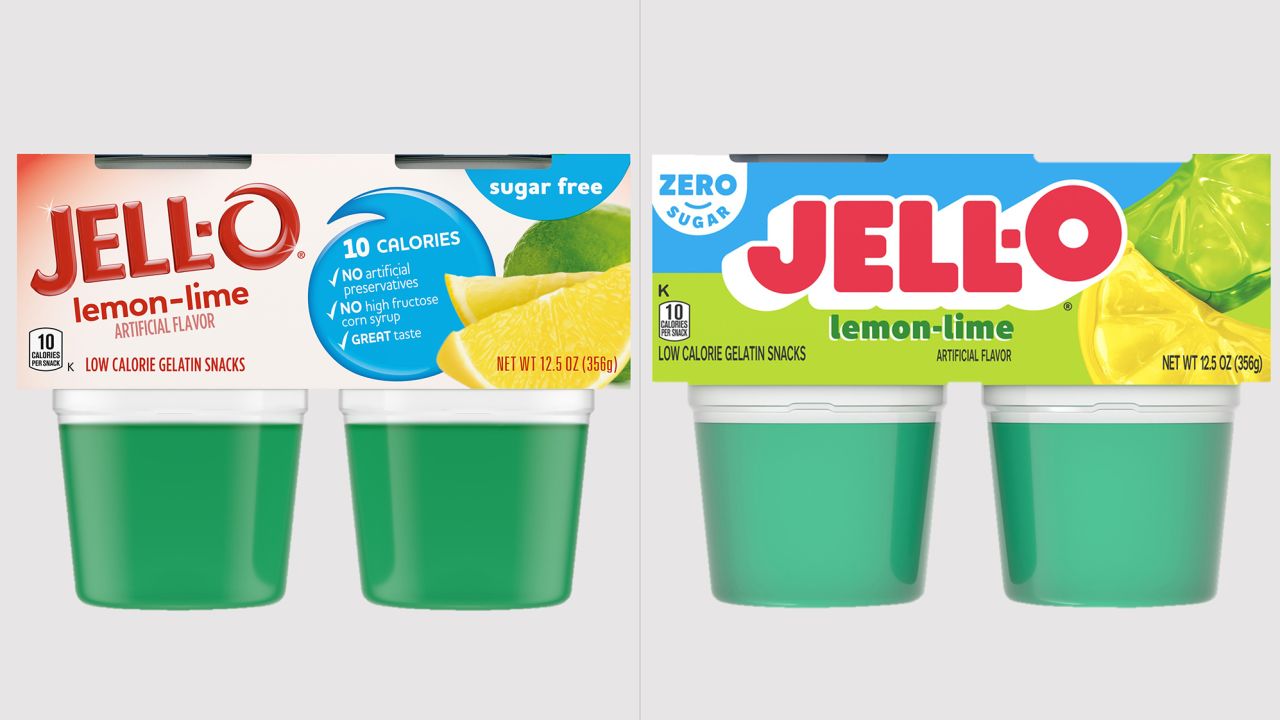 Jell-O's current look on the left and new look, on the right.