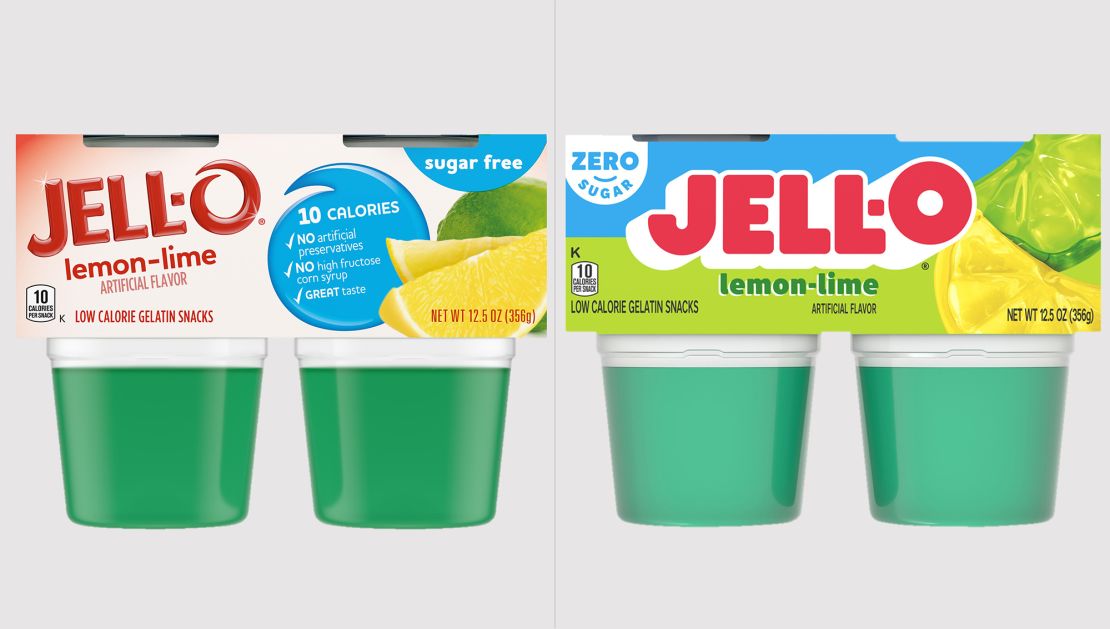 Jell-O's current look on the left and new look, on the right.