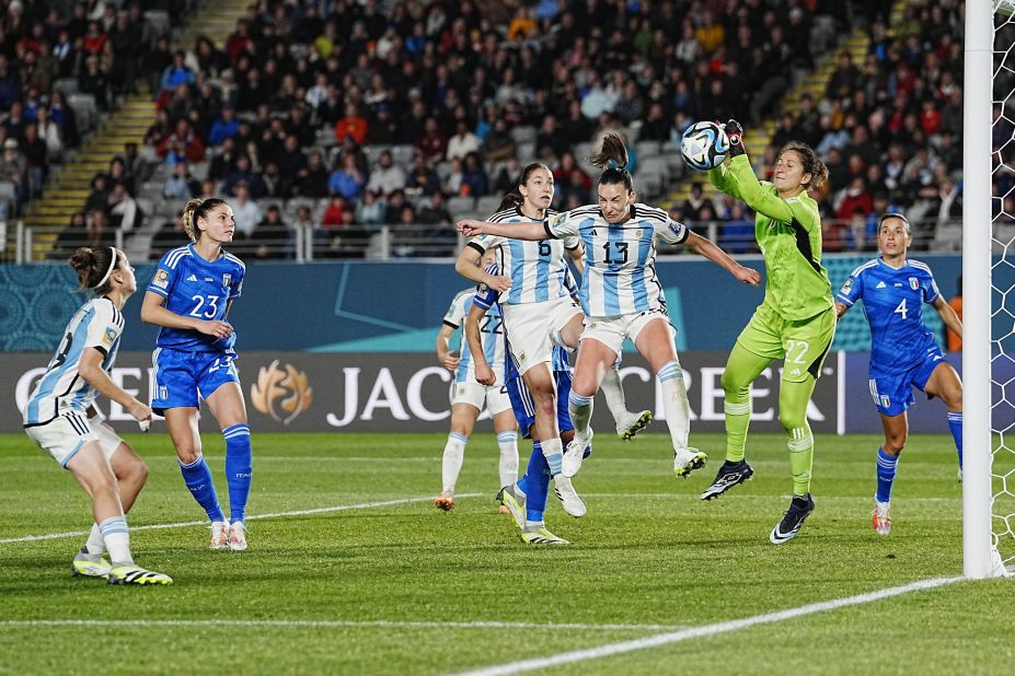 Italian goalkeeper Francesca Durante makes a save during the match against Argentina.