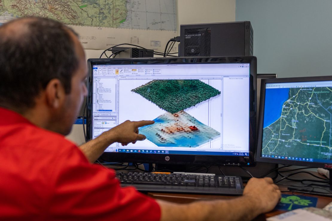 Juan Fernandez-Diaz looking at maps on his computer. NCALM with Lidar technology finds remains of ancient mayan city. July 10, 2023.
