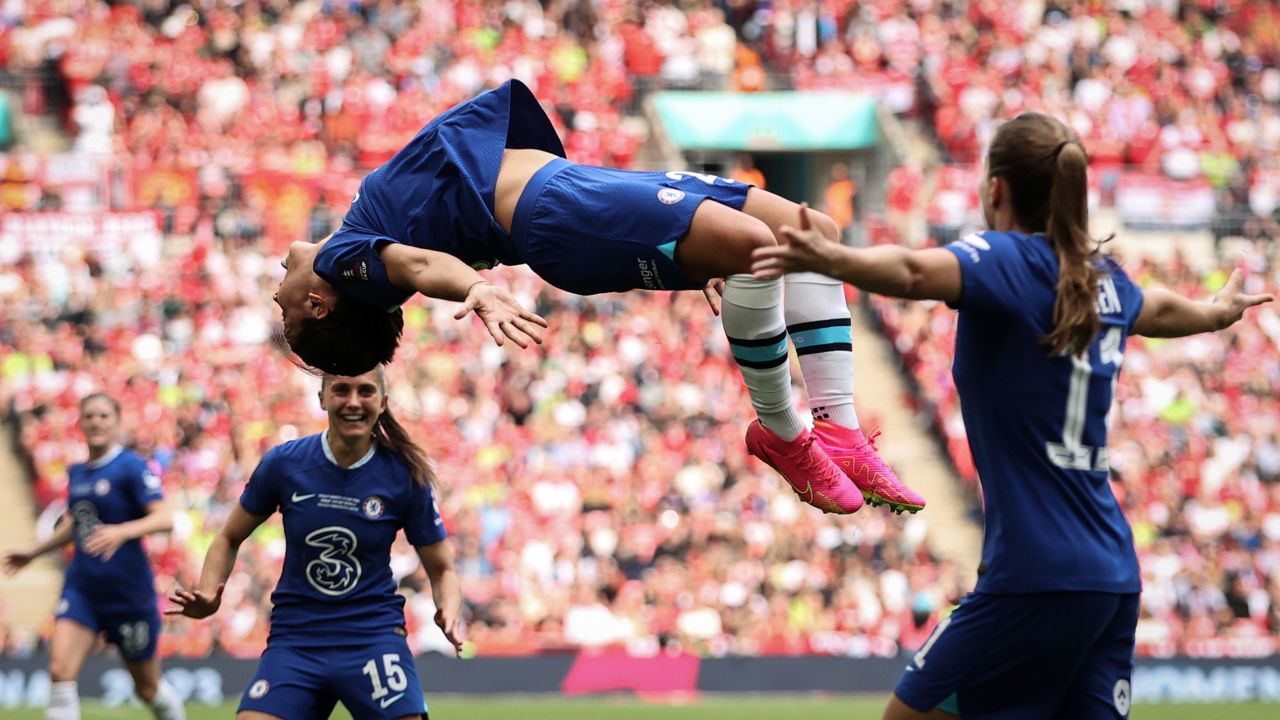 Sam Kerr of Chelsea celebrates after scoring the team's first goal during the Vitality Women's FA Cup Final between Chelsea FC and Manchester United at Wembley Stadium on May 14, 2023 in London, England.