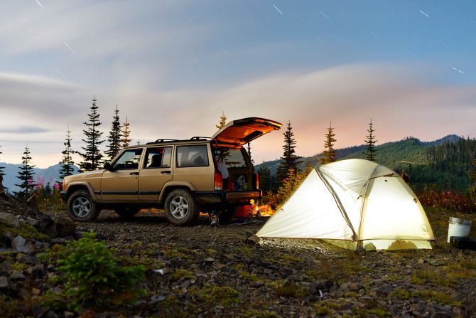 <strong>Car camping: </strong>At its most basic, car camping involves packing a tent, sleeping bag, fold-up chair, cooler and camp stove into your vehicle and staying at a drive-up campground.