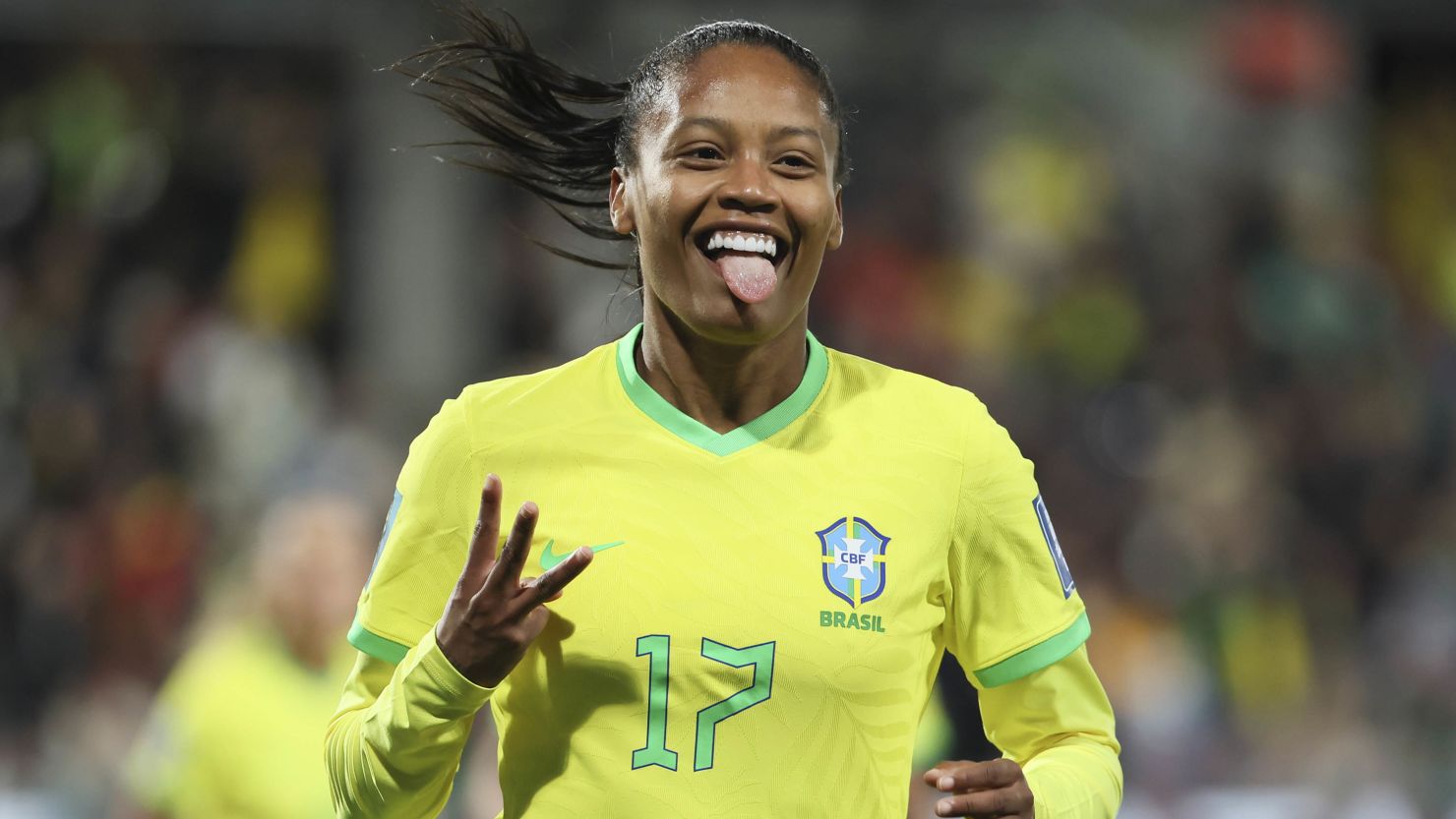 Brazil's Ary Borges celebrates her hattrick goal against Panama.