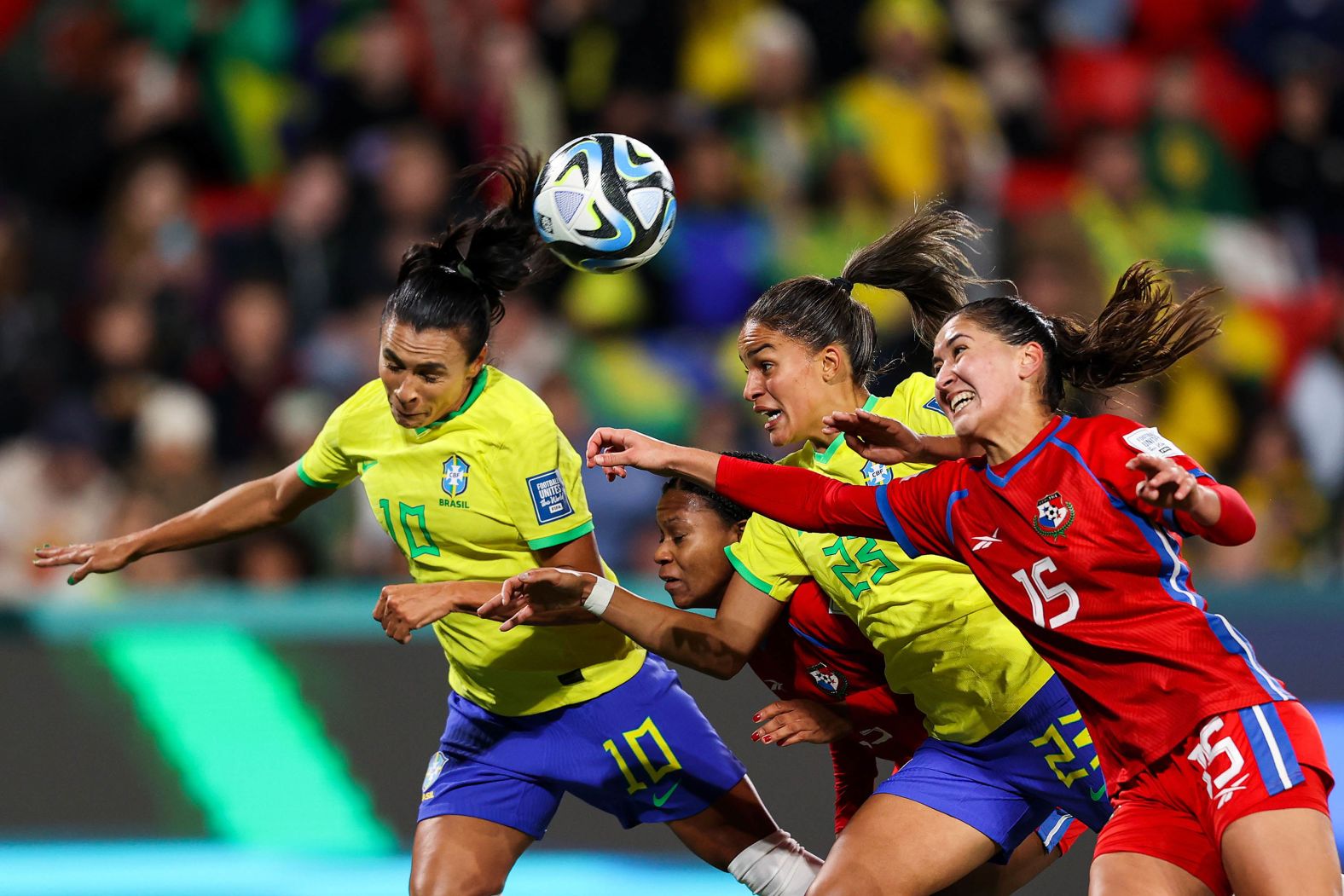 Brazil's Marta, left, heads the ball during a match against Panama on July 24. <a href="index.php?page=&url=https%3A%2F%2Fedition.cnn.com%2F2023%2F07%2F23%2Ffootball%2Fbrazil-germany-panama-morocco-womens-world-cup-2023-spt-intl%2Findex.html" target="_blank">Brazil won 4-0</a>.
