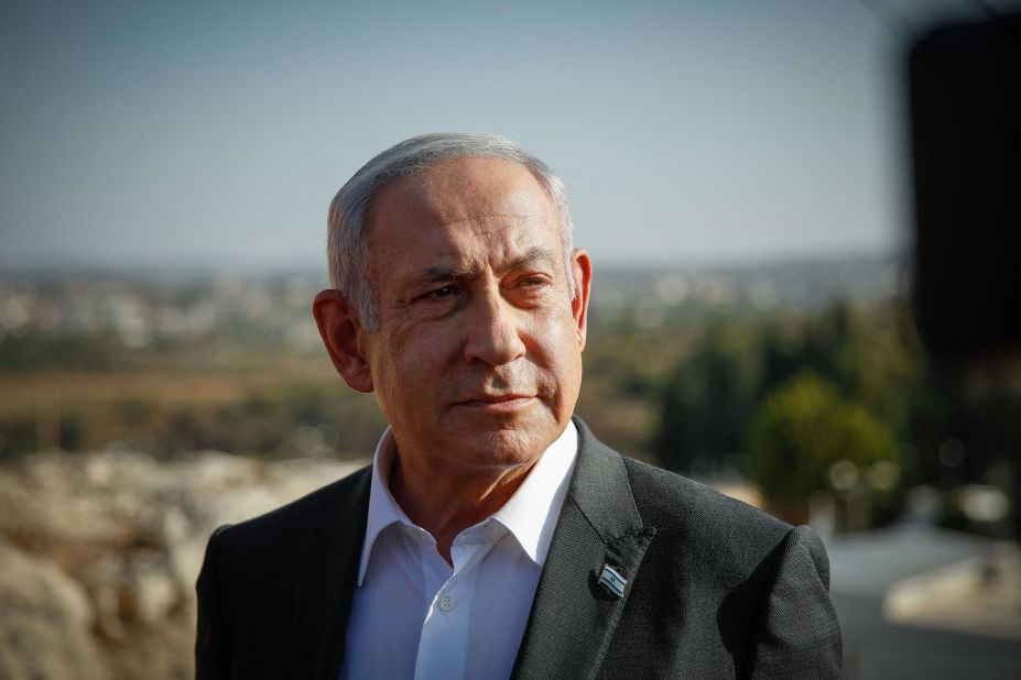 Israeli Prime Minister Benjamin Netanyahu arrives for a briefing in the occupied West Bank in July 2023.