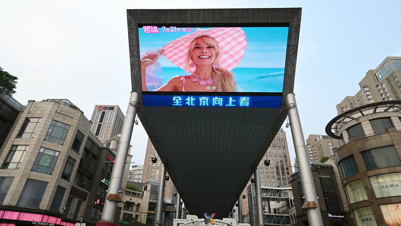 A promotion for "Barbie" pictured on a giant screen outside a shopping mall in Beijing on July 20.