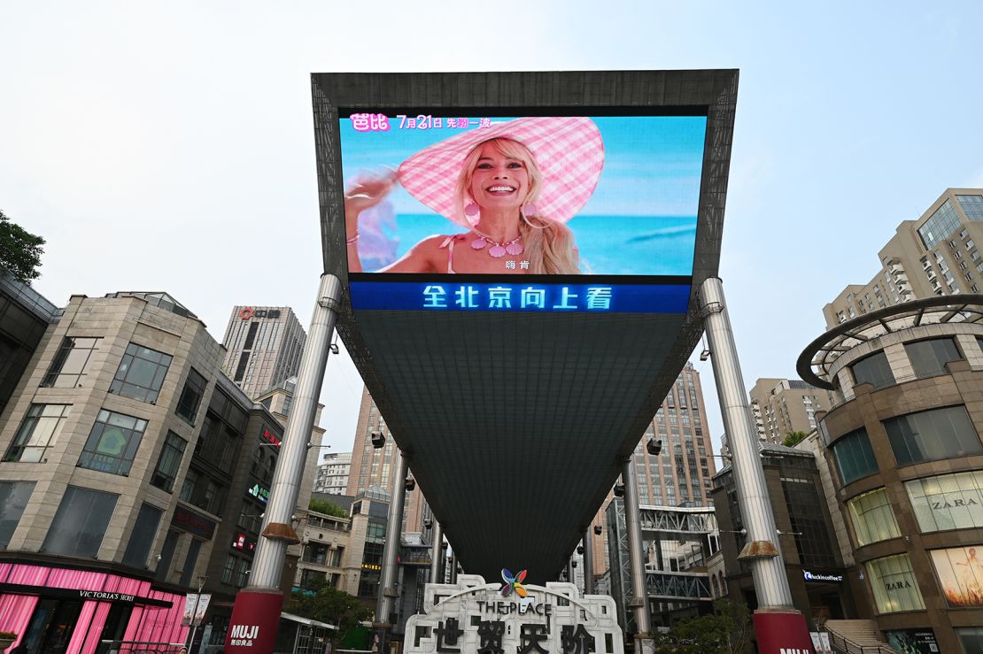A promotion for "Barbie" pictured on a giant screen outside a shopping mall in Beijing on July 20.