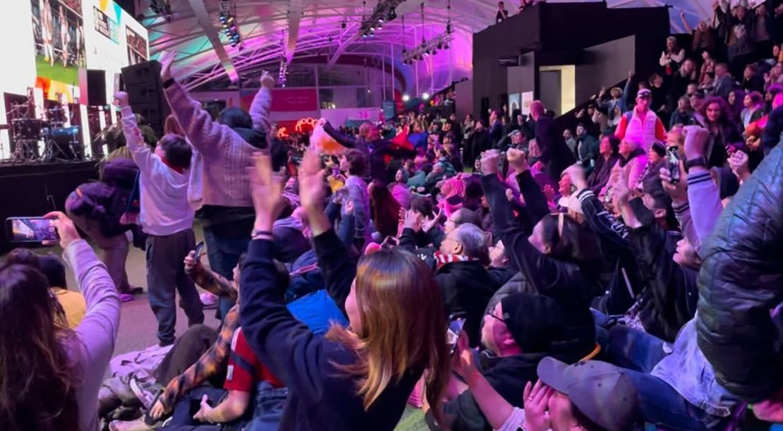 Philippines fans celebrate their team's goal against New Zealand at the 2023 Women's World Cup in a FIFA fan park in Auckland, New Zealand.