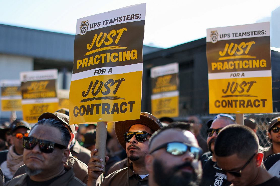 Teamsters employed by UPS hold a rally outside a UPS facility as an August 1st strike deadline against the company nears in Los Angeles, California, U.S. July 19, 2023.