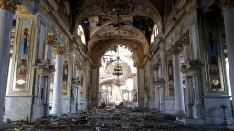 TOPSHOT - This photograph taken on July 23, 2023, shows the destructed Transfiguration Cathedral as a result of a missile strike in Odesa, amid the Russian invasion of Ukraine. Ukraine on Sunday said the death toll from overnight strikes by Russia on the port of Odesa rose to two, with 22 people wounded, including four children. (Photo by Oleksandr GIMANOV / AFP) (Photo by OLEKSANDR GIMANOV/AFP via Getty Images)