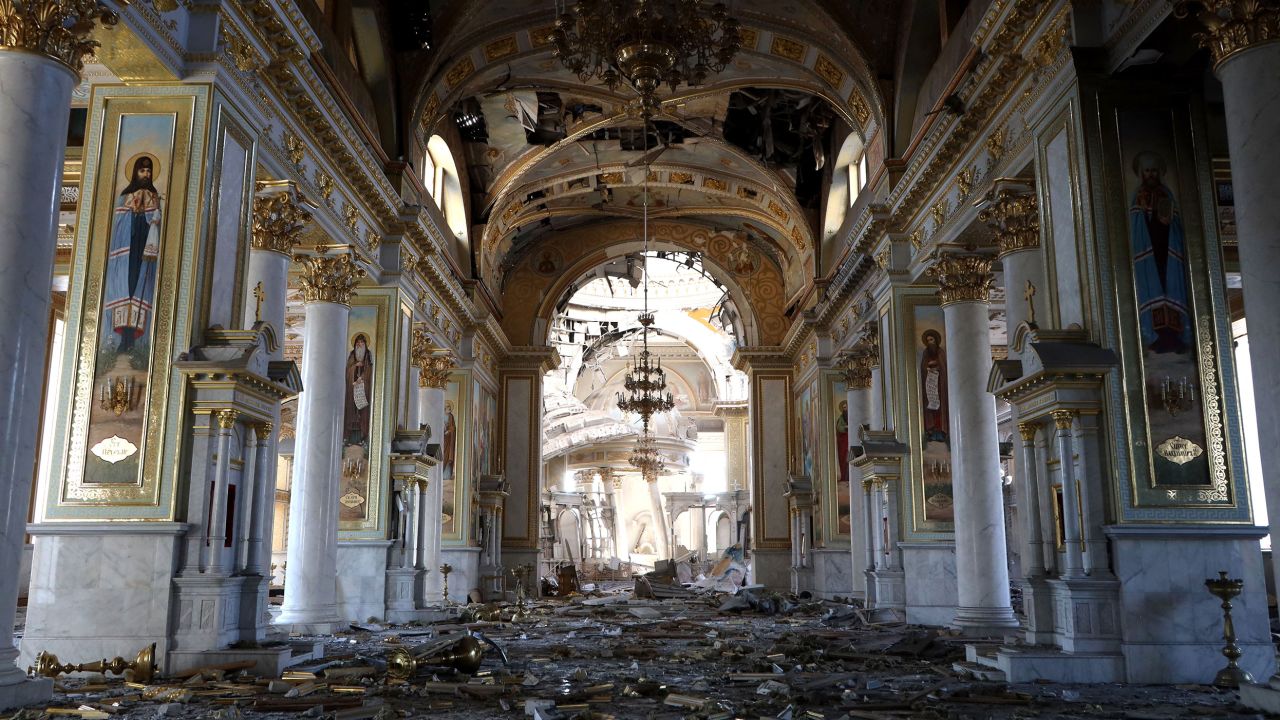 TOPSHOT - This photograph taken on July 23, 2023, shows the destructed Transfiguration Cathedral as a result of a missile strike in Odesa, amid the Russian invasion of Ukraine. Ukraine on Sunday said the death toll from overnight strikes by Russia on the port of Odesa rose to two, with 22 people wounded, including four children. (Photo by Oleksandr GIMANOV / AFP) (Photo by OLEKSANDR GIMANOV/AFP via Getty Images)