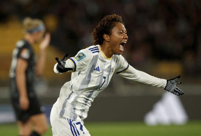 Philippines midfielder Sarina Bolden celebrates scoring against New Zealand on July 25. Bolden's first-half header <a href="https://edition.cnn.com/2023/07/24/football/new-zealand-switzerland-norway-womens-world-cup-2023-spt-intl/index.html" target="_blank">lifted her country to a 1-0 victory</a> — its first win ever at a Women's World Cup.