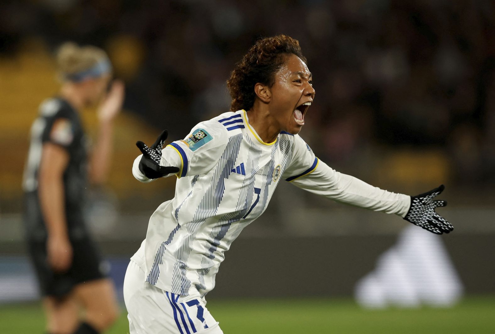 Philippines midfielder Sarina Bolden celebrates scoring against New Zealand on July 25. Bolden's first-half header <a href="index.php?page=&url=https%3A%2F%2Fedition.cnn.com%2F2023%2F07%2F24%2Ffootball%2Fnew-zealand-switzerland-norway-womens-world-cup-2023-spt-intl%2Findex.html" target="_blank">lifted her country to a 1-0 victory</a> — its first win ever at a Women's World Cup.