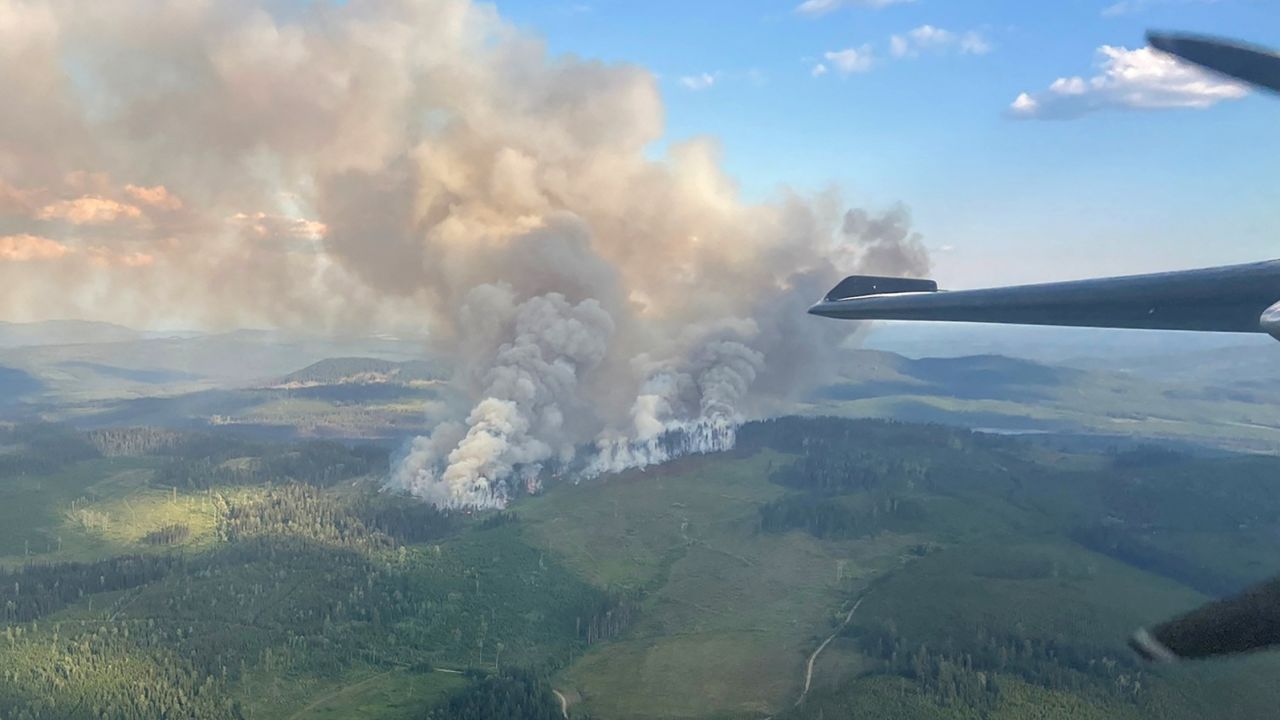 Smoke rises from the Burgess Creek wildfire C12135 located north of Gibraltar Mines and approximately 20 kilometres south of Kersley, British Columbia, Canada July 22, 2023. 