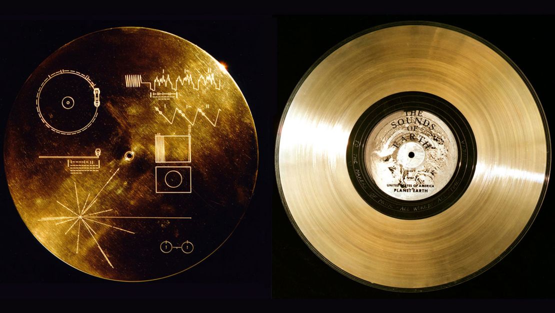 Each Voyager spacecraft carries a copy of the Golden Record, which has been featured in several works of science fiction. The record's protective cover, with instructions for playing its contents, is shown at left.