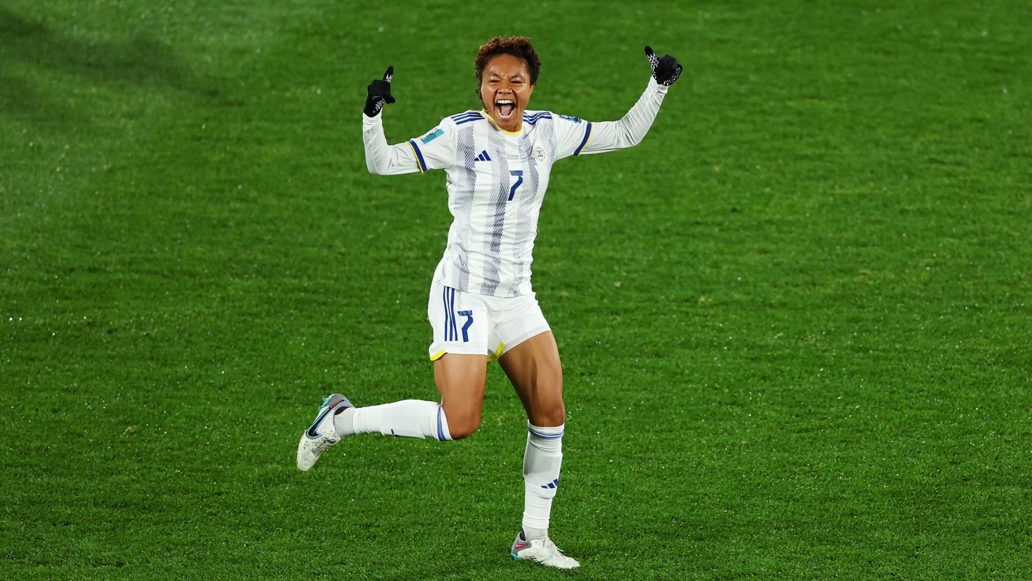Sarina Bolden celebrates after scoring for the Philippines against New Zealand at the Women's World Cup. 