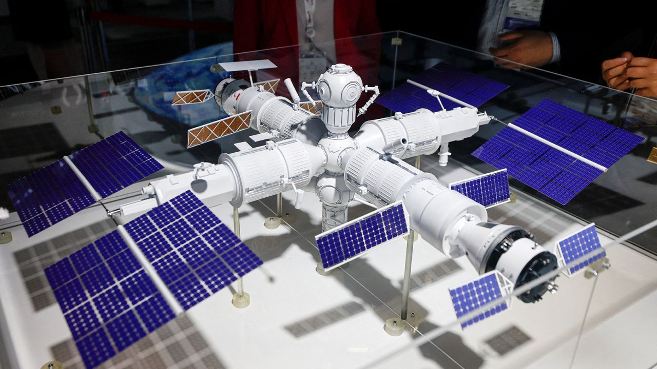 A model of the Russian orbital space station on display at the  Army-2022 forum in Moscow on August 15, 2022.  