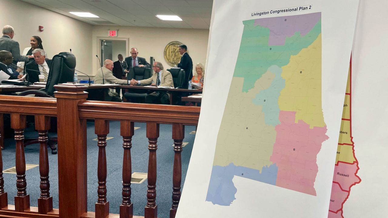A map of a GOP proposal to redraw Alabama's congressional districts is displayed at the Alabama Statehouse in Montgomery, Alabama, on Tuesday, July 18.