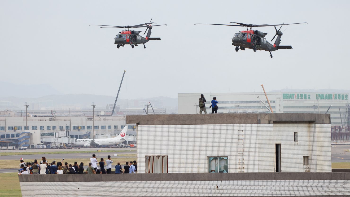 Black Hawk helicopters prepare to land at Taoyuan International Airport as part of the annual Han Kuang military exercise on July 26, 2023.