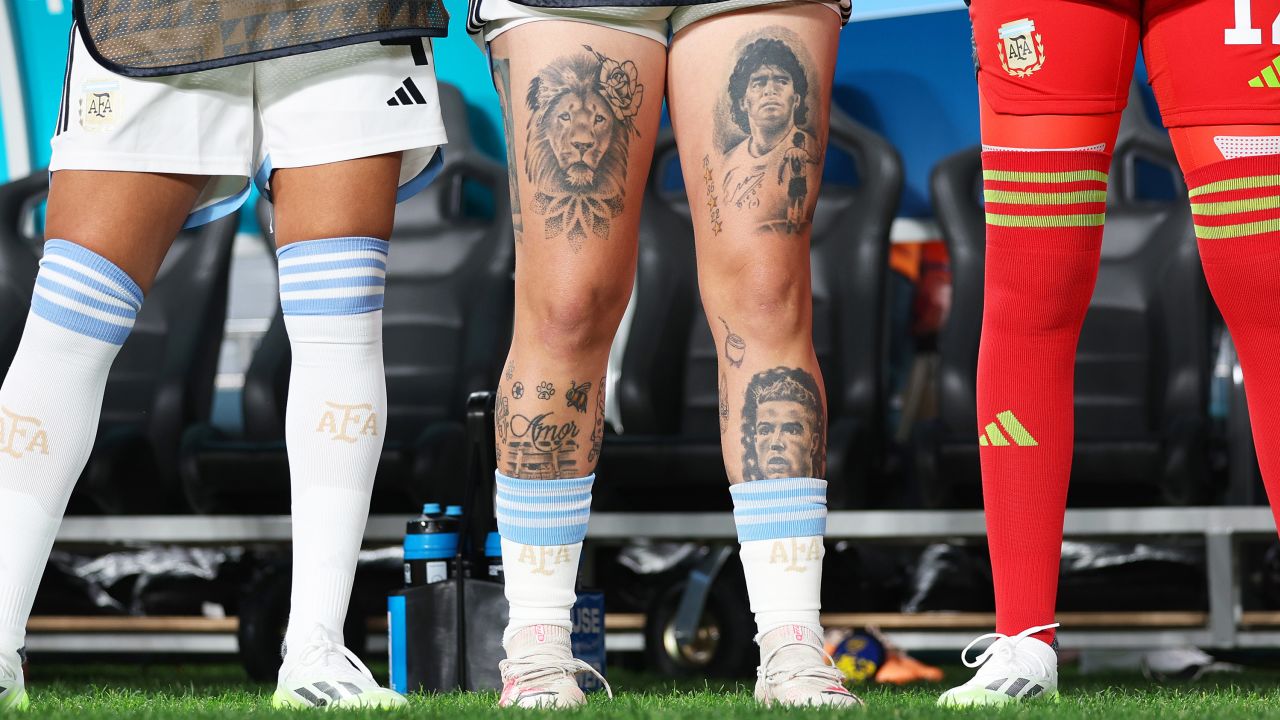 AUCKLAND, NEW ZEALAND - JULY 24: Yamila Rodriguez (tattoo details) of Argentina is seen prior to the FIFA Women's World Cup Australia & New Zealand 2023 Group G match between Italy and Argentina at Eden Park on July 24, 2023 in Auckland / Tāmaki Makaurau, New Zealand. (Photo by Carmen Mandato/Getty Images)