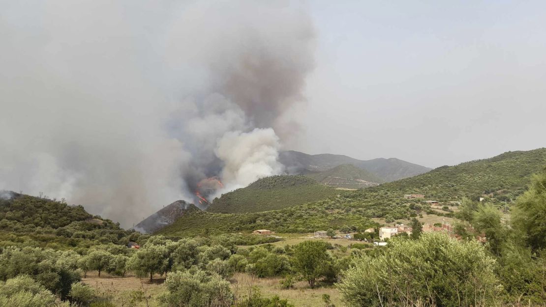 A forest fire rages in the mountainous area of Bourbatache, Algeria, on Monday, 