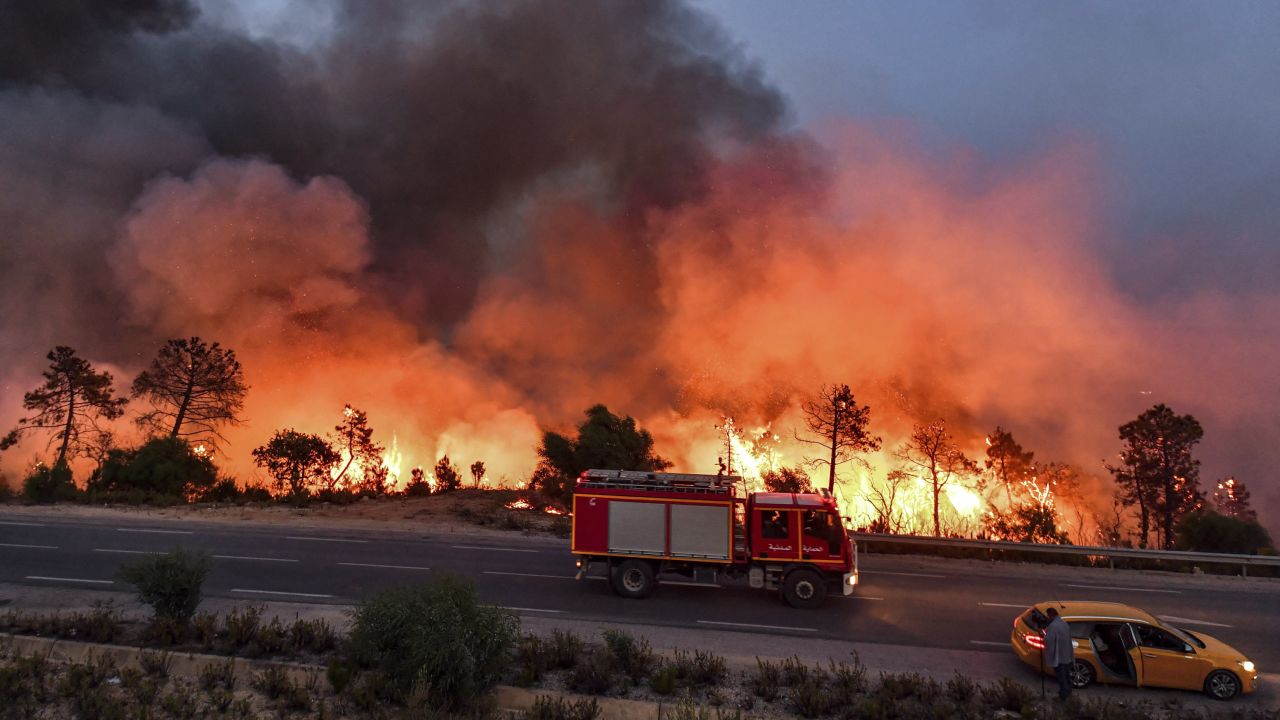 A fire truck moves along a road as a forest fire rages near the town of Melloula in northwestern Tunisia on July 24.