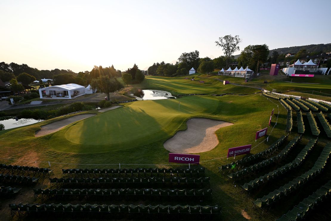 EVIAN-LES-BAINS, FRANCE - JULY 24: 
General view of the 18th green during day four of The Amundi Evian Championship at Evian Resort Golf Club on July 24, 2022 in Evian-les-Bains, France. (Photo by Stuart Franklin/Getty Images)