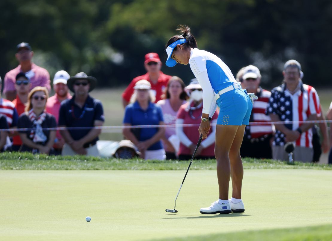 TOLEDO, OHIO - SEPTEMBER 06: Celine Boutier of Team Europe putts on the second green during the Singles Match on day three of the Solheim Cup at the Inverness Club on September 06, 2021 in Toledo, Ohio. (Photo by Gregory Shamus/Getty Images)